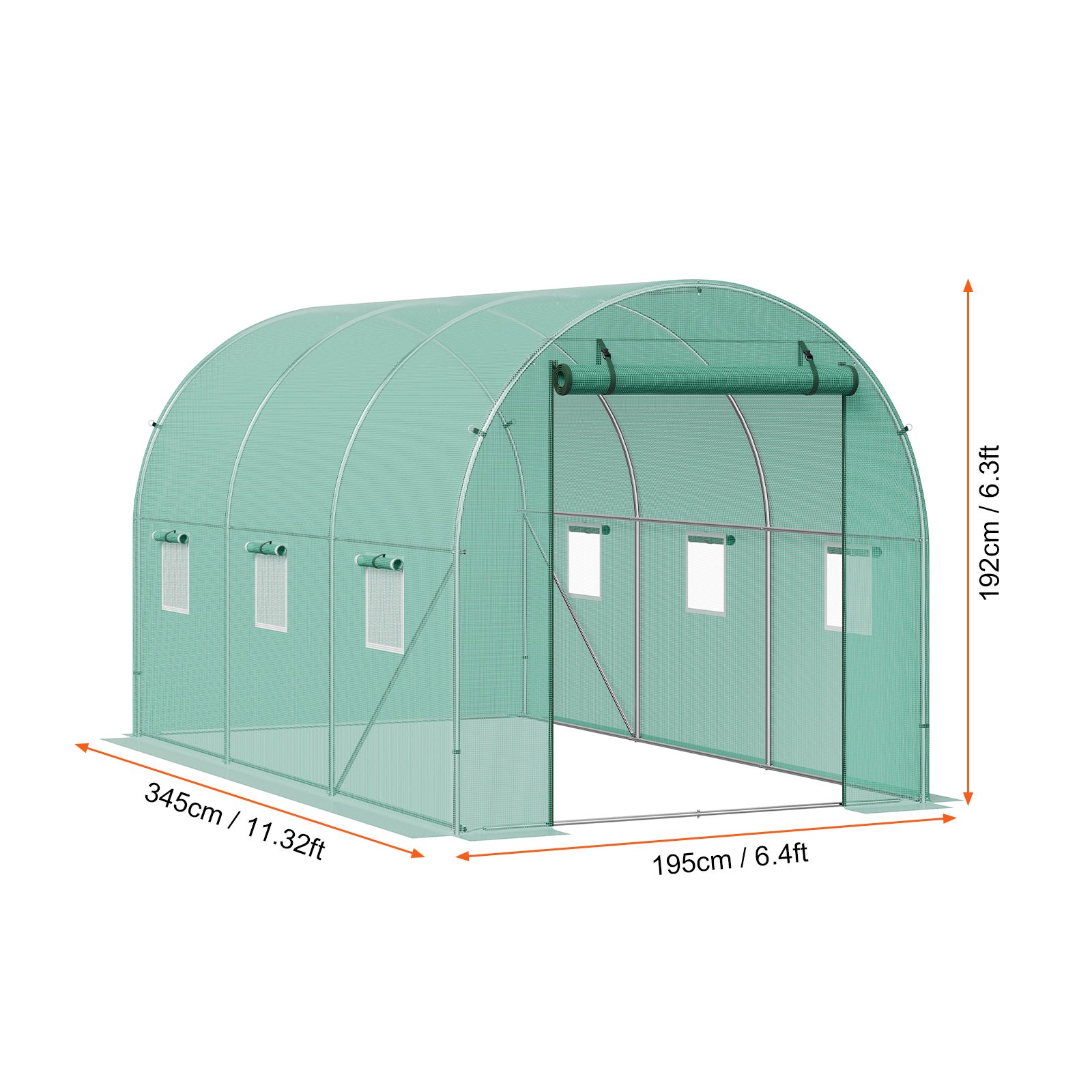 Serre tunnel SucceBuy 3,4 x 1,9 x 1,9 m pour plantes cadre en acier galvanisé,couverture en PE vert porte à fermeture éclair enroulable et 6 fenêtres - 2