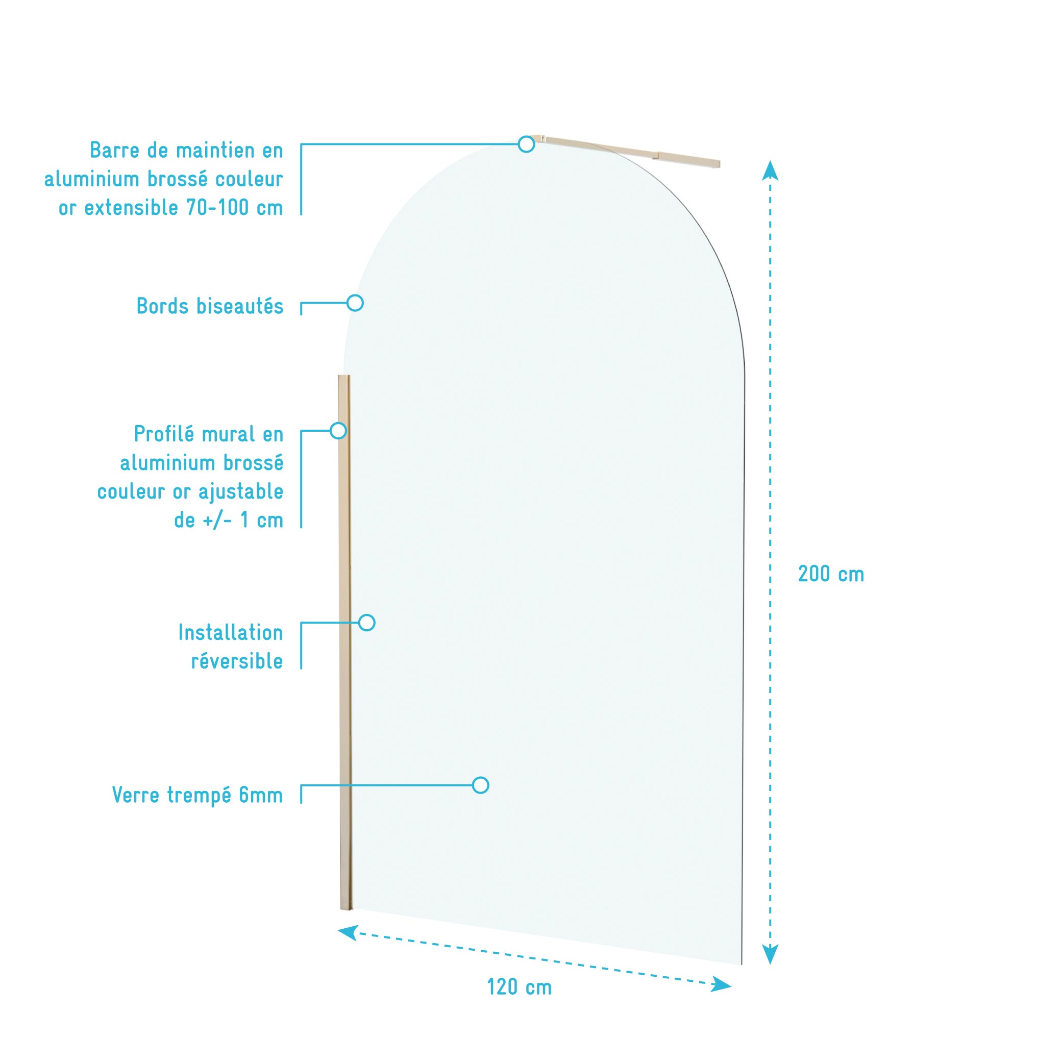 Paroi de Douche arrondie 120x200 cm - Profilé Or Doré Brossé - GOLDY CURVED - 4