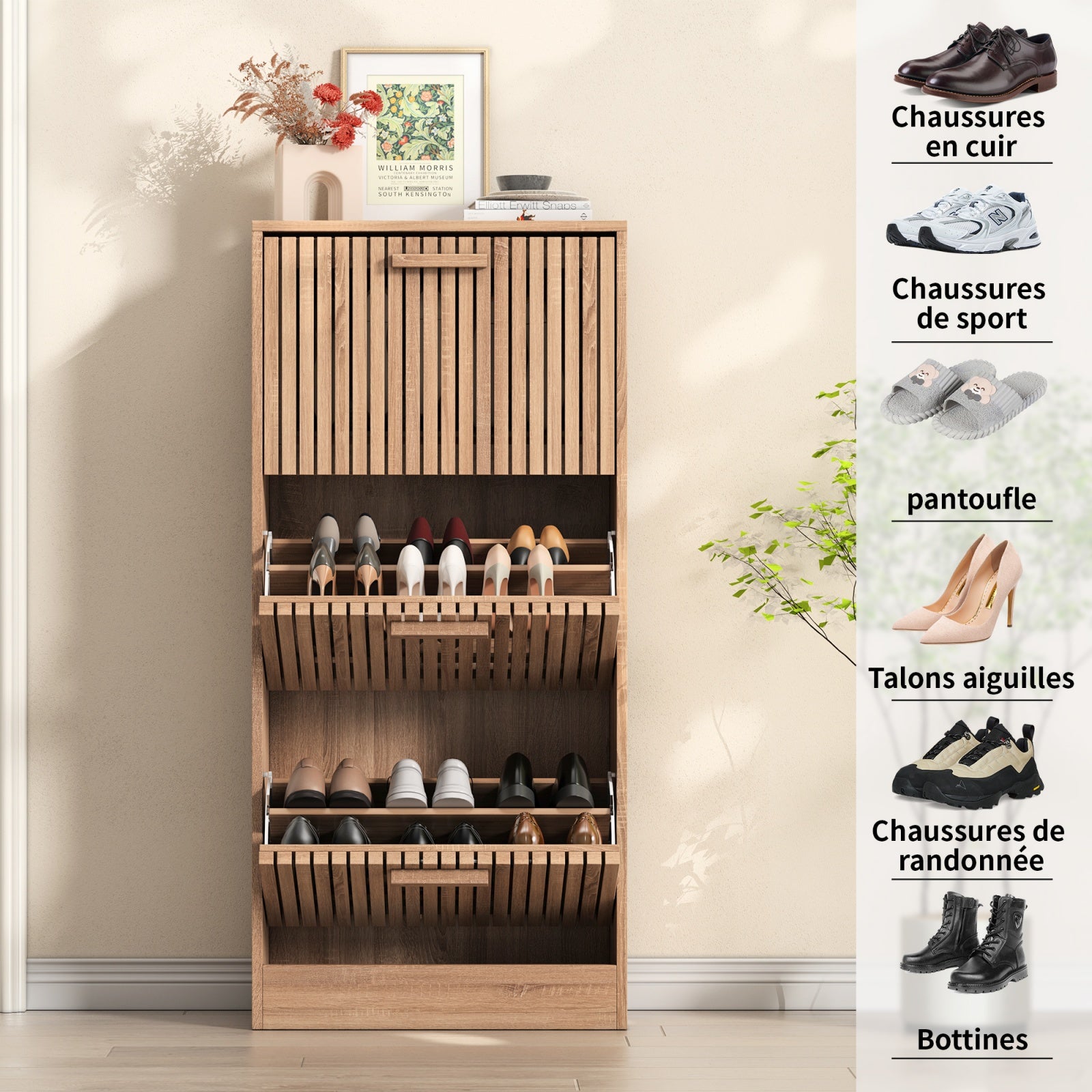 Meuble à chaussures 113cm, capacité 18 paires, 3 tiroirs rabattables, anti-basculement, style scandinave, pour entrée,Naturel - 5