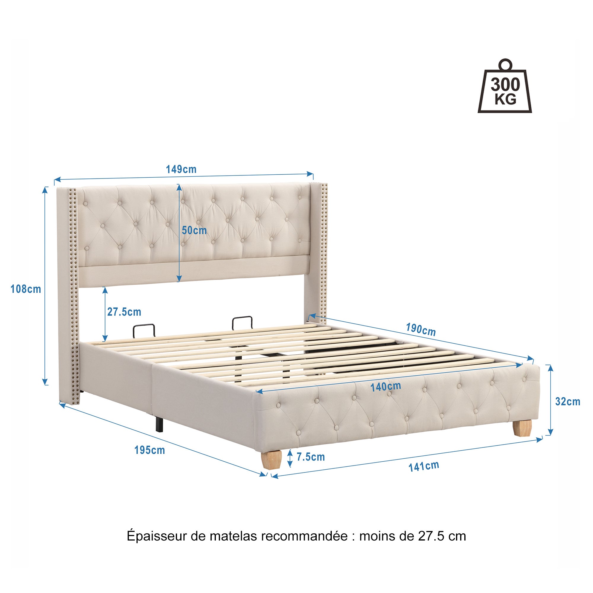 Lit coffre capitonné 140x190 cm Tête de lit à boutons et rivets pieds en bois tissu lin beige avec sommier - 8