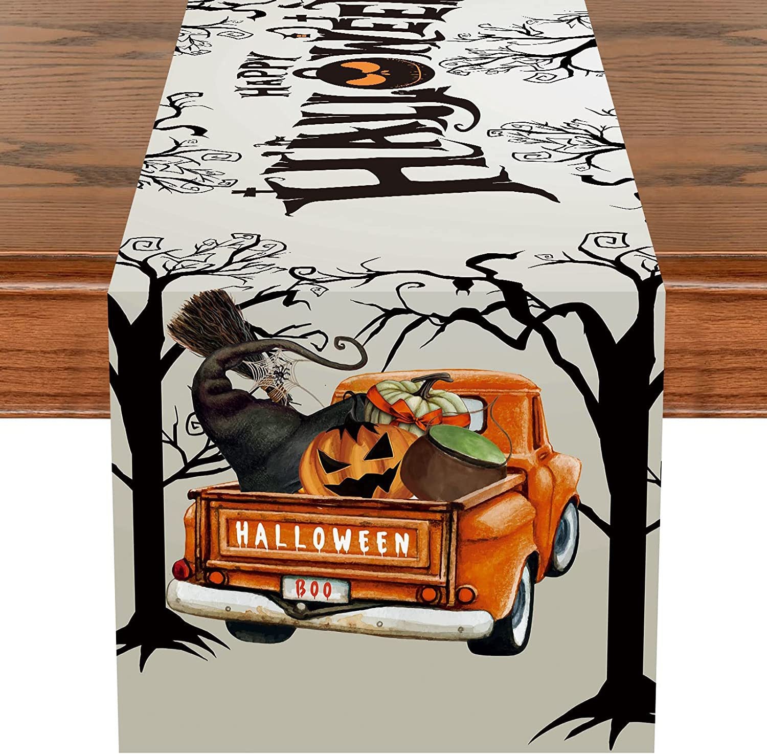 Bieżnik na stół „Halloween”, 33*183 cm, szary, drewniany i z motywem ciężarówki, na jesień, święta, do kuchni, jadalni, z poliestru, na imprezę