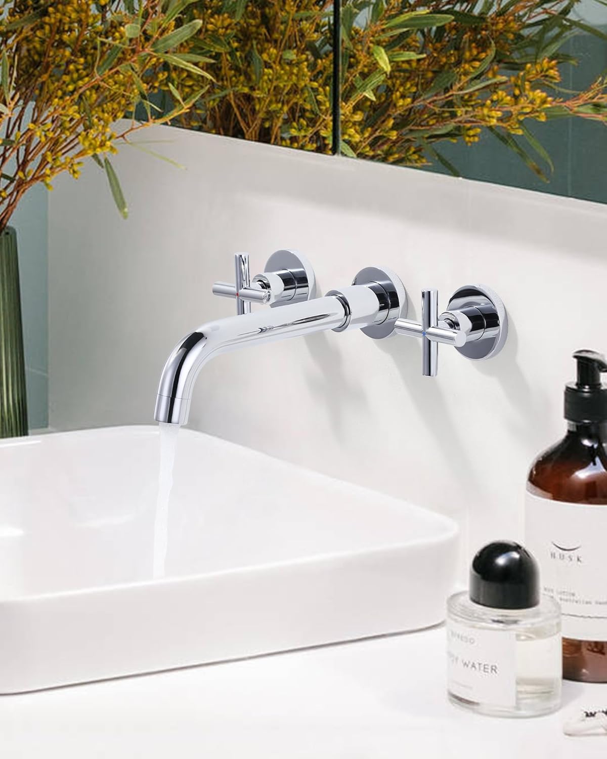 Bateria umywalkowa ścienna, bateria umywalkowa 3-otworowa, chromowana