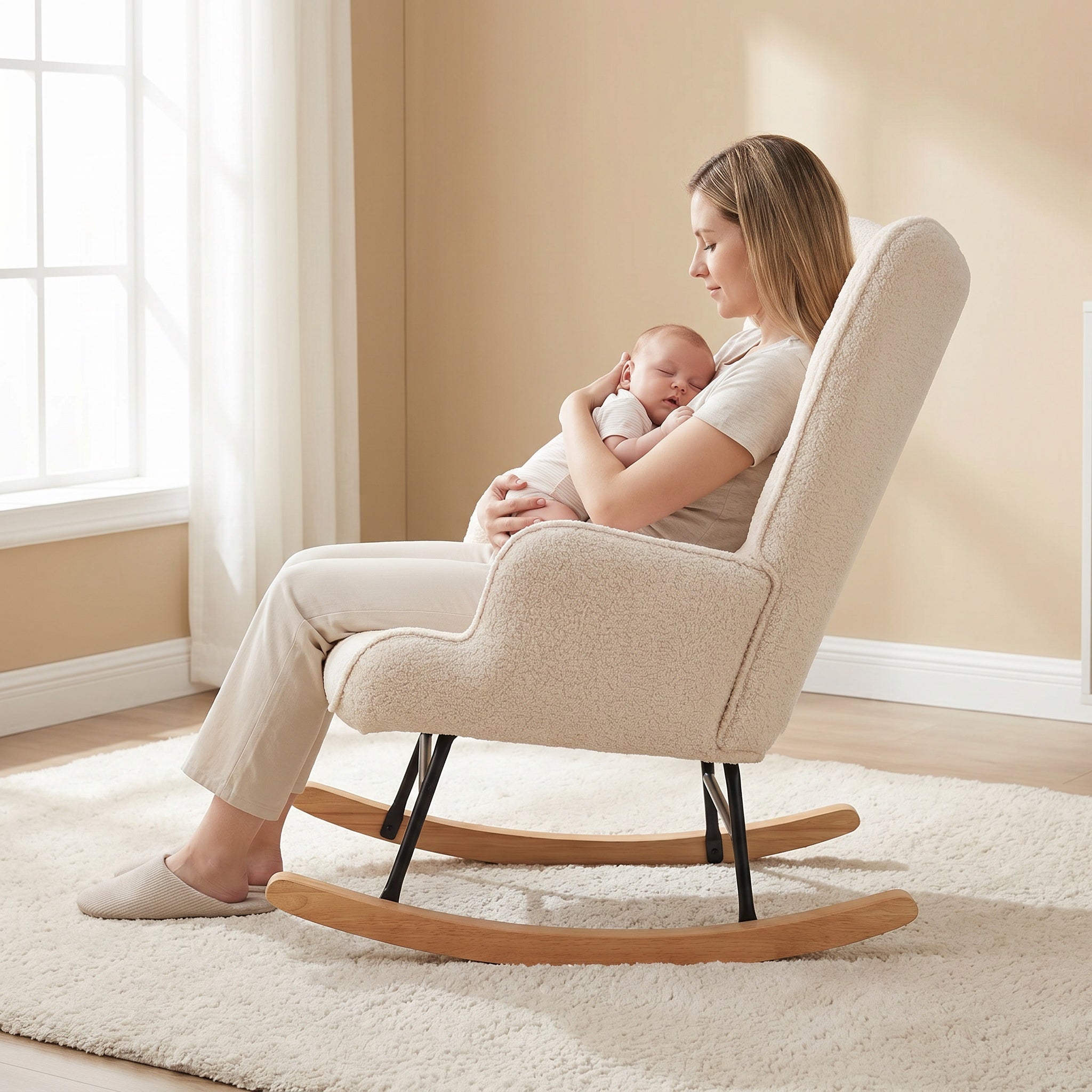 Fauteuil à Bascule, Rocking Chair d'Allaitement - Structure en métal et pieds bois massif, Maximale : 150 kg, Tissu Peluche Teddy, Beige, 75x68x92 cm - 7