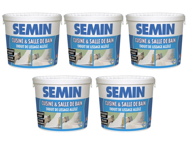 Lot de 5 enduits de lissage cuisine et salle de bain Semin - adapté aux pièces humides - seau de 1 kg