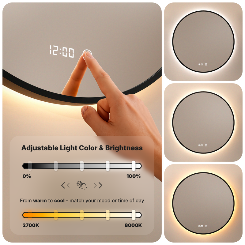 Miroir de salle de bain Mirlux avec éclairage LED et fonction chauffante - Miroir mural rond - Miroir de douche anti-condensation - Noir mat - 120 cm - 3