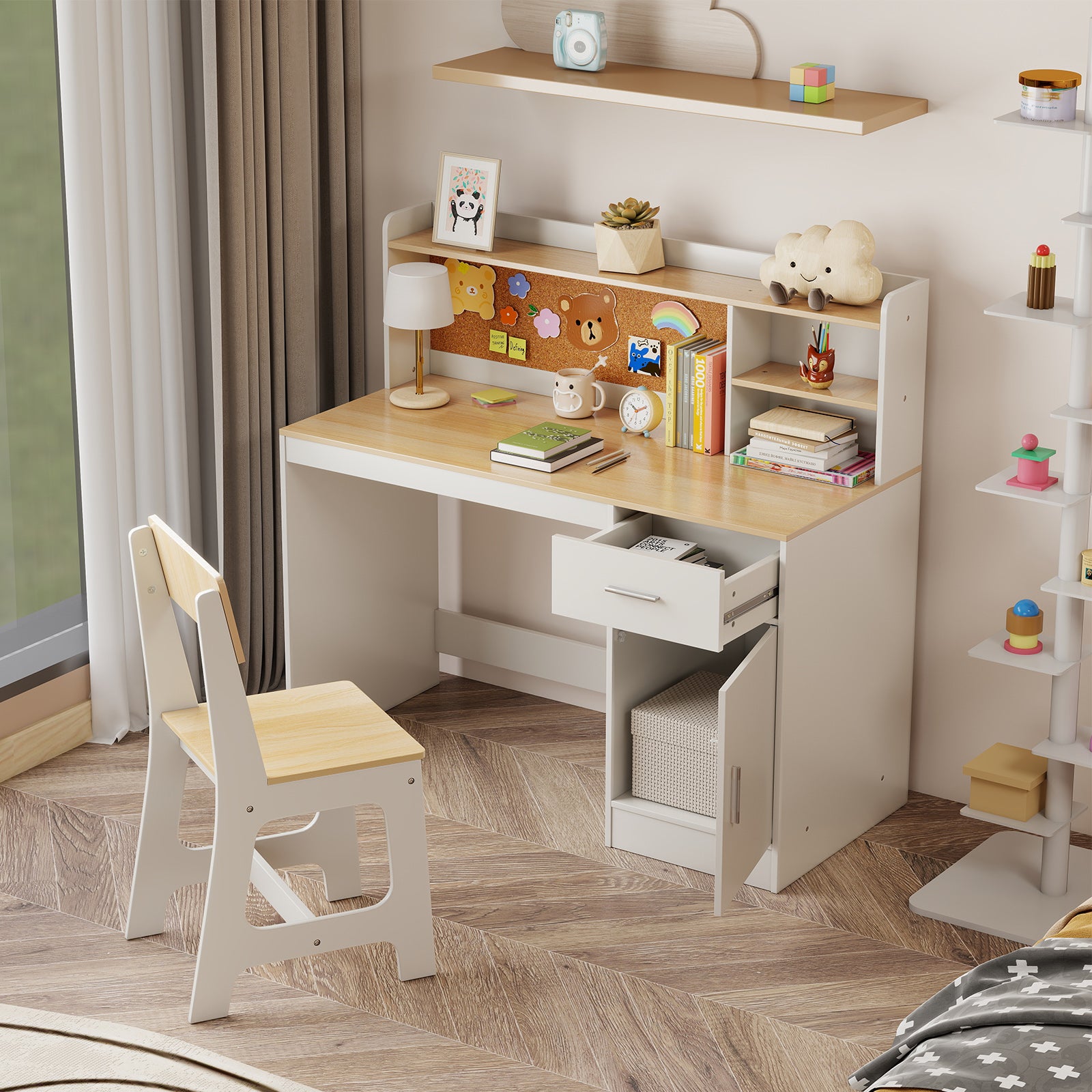 Bureau et Chaise d'Étude pour Enfants 3 Ans+, Table d'Écriture avec Étagères, Tiroir, Armoire de Rangement, pour Chambre, École, Naturel - 8