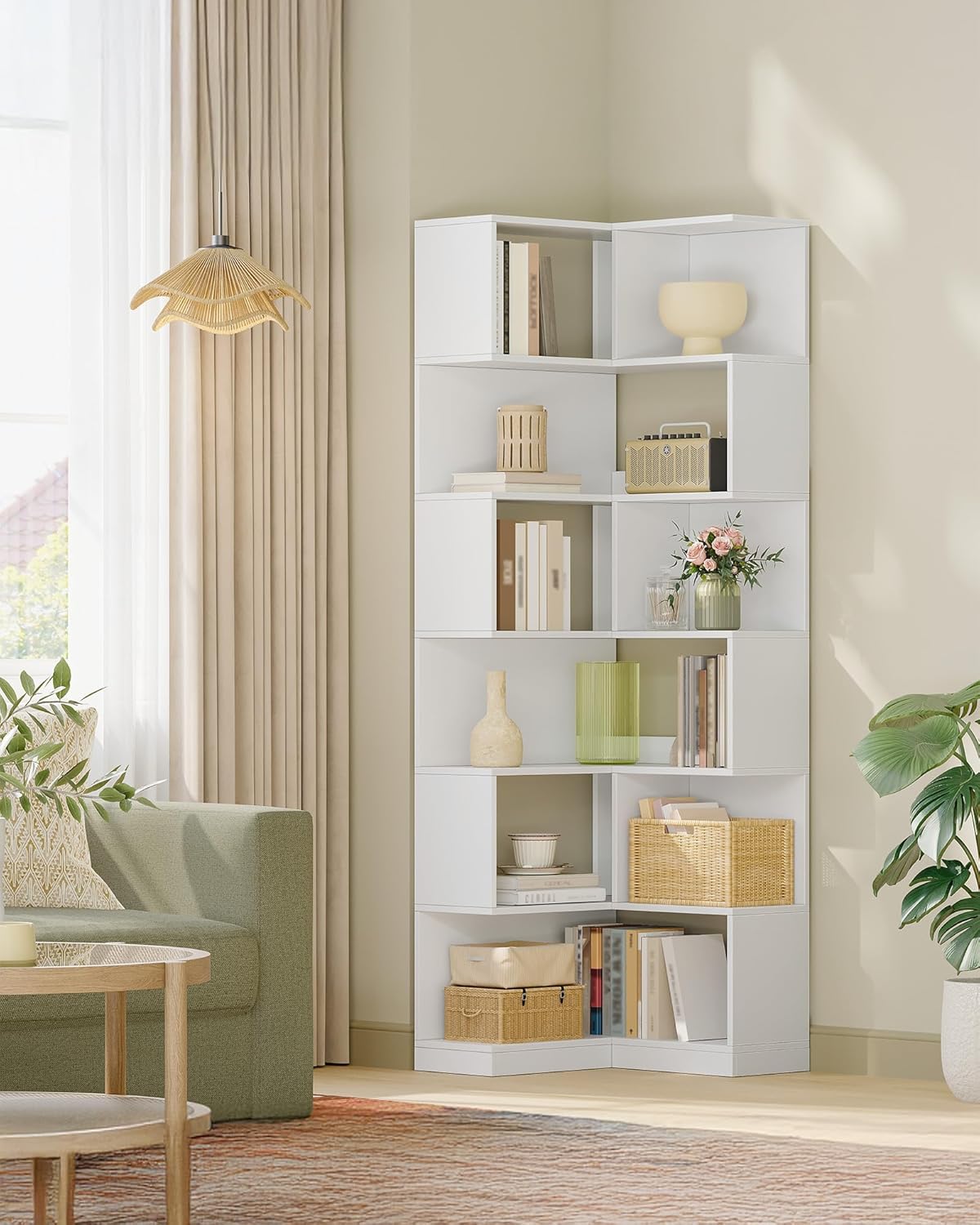 Bibliotheque, Bibliothèque d'angle à 7 Niveaux, étagère d'angle en Forme de L, Armoire d'angle pour Salon, Chambre, Bureau,Blanc - 2