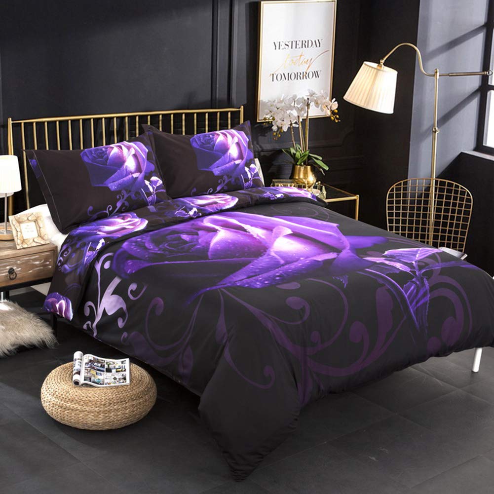 Juego de ropa de cama de 4 piezas, cómodo juego de funda de edredón, edredón para cama tamaño queen y doble, color morado y rosa (sábanas con funda de