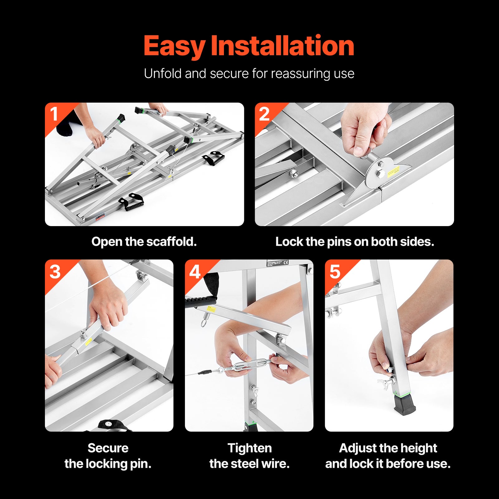 Plateforme de Travail Pliable VEVOR 360kg, Échafaudage Portable en Acier Réglable 700-1150 mm, Marchepied Antidérapant pour Peinture Cloison Nettoyage - 6