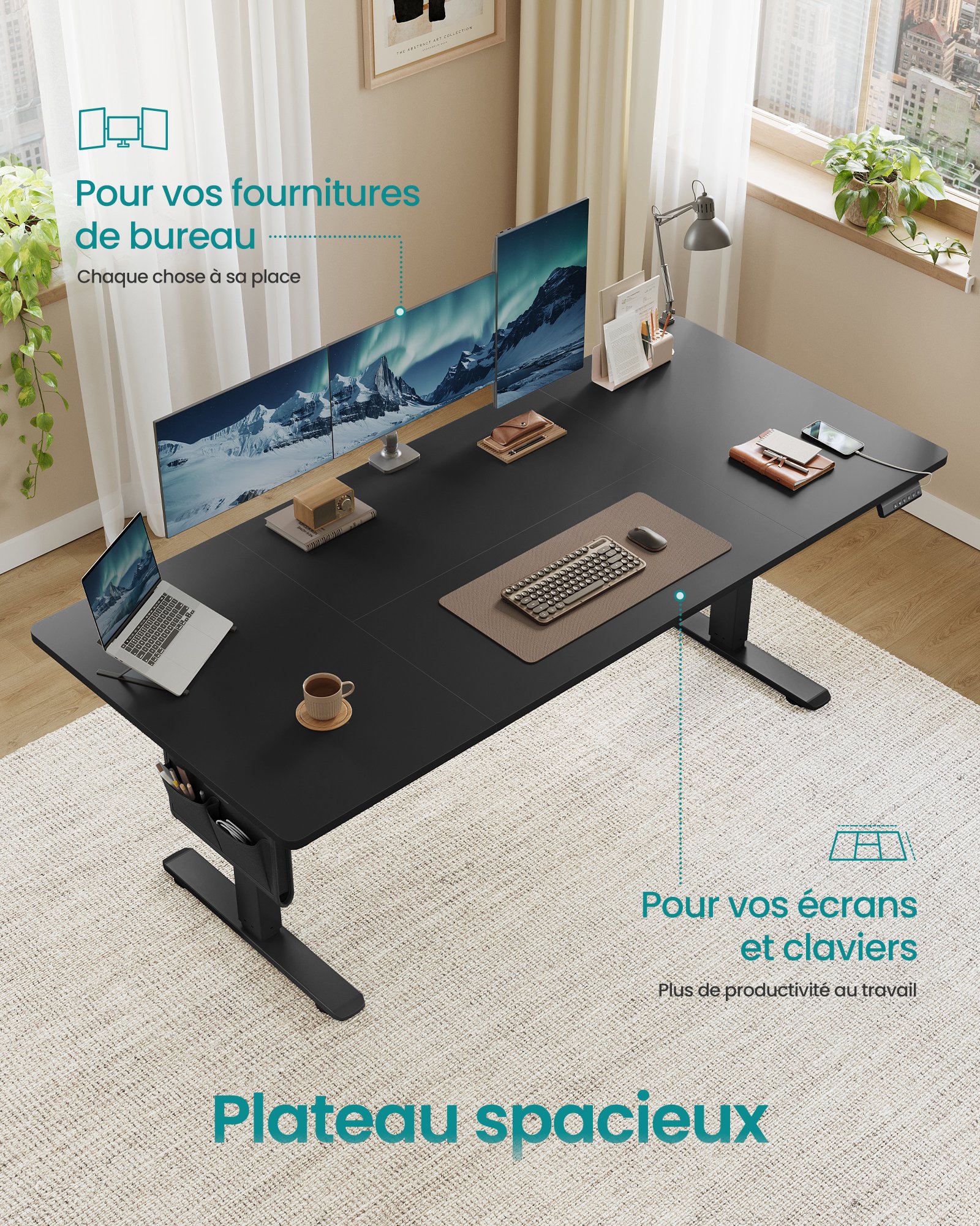 Bureau Électrique Réglable en Hauteur, 180 x 80 cm, Fonction Mémoire 4 Hauteurs, Port USB-C, Organiseur, pour Télétravail, Noir d'Encre - 4