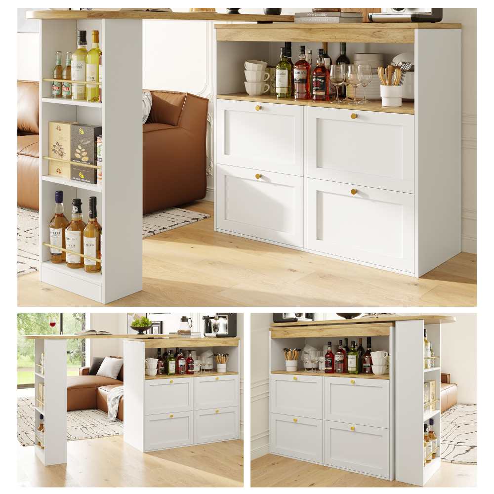 Mesa de bar giratoria a 360° con 4 cajones y estantes abiertos– tableros mdf estables, manijas doradas y diseño elegante