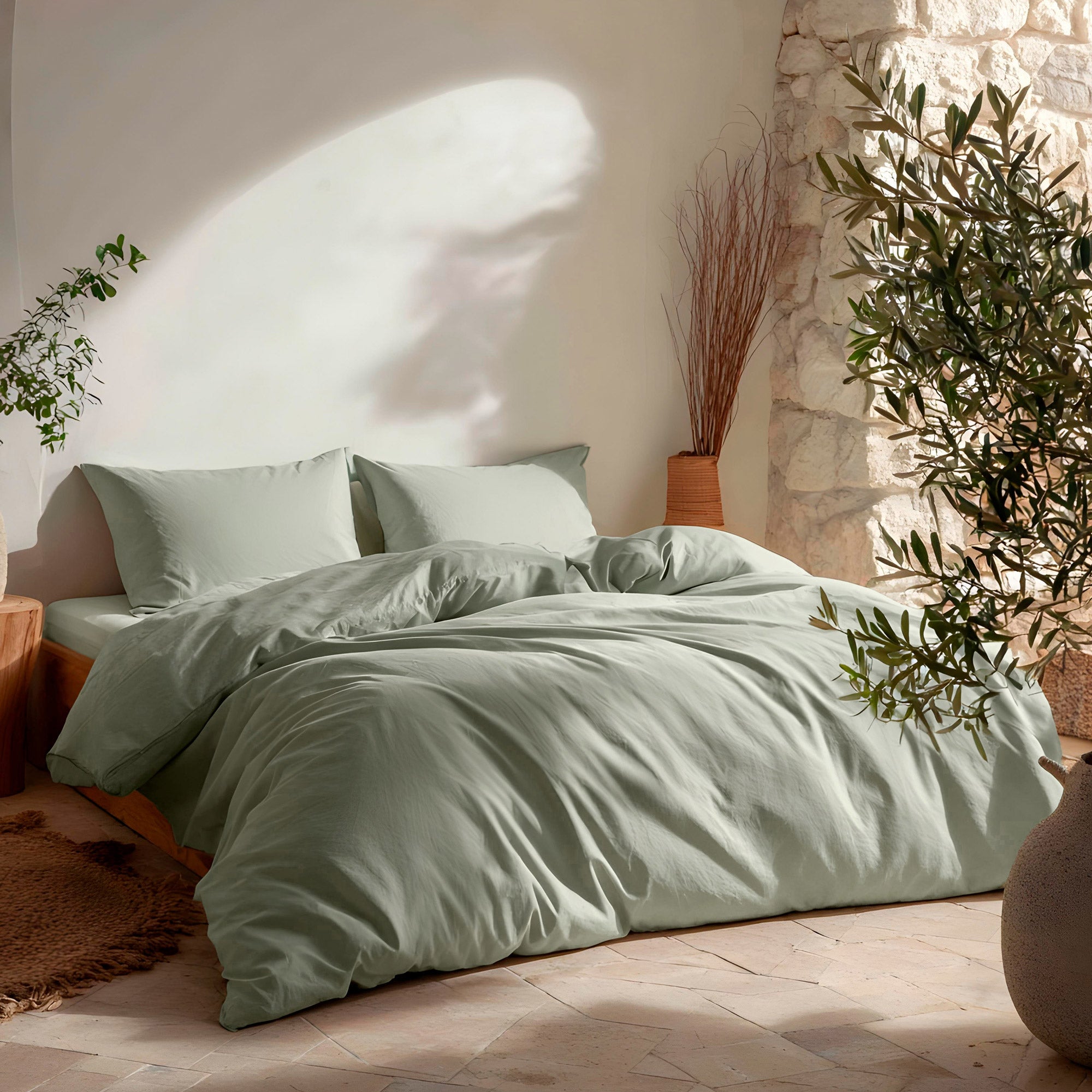 Copripiumino tinta unita 100% cotone + federe 260x240 + 2 (50x90) cm colore Acqua - 2