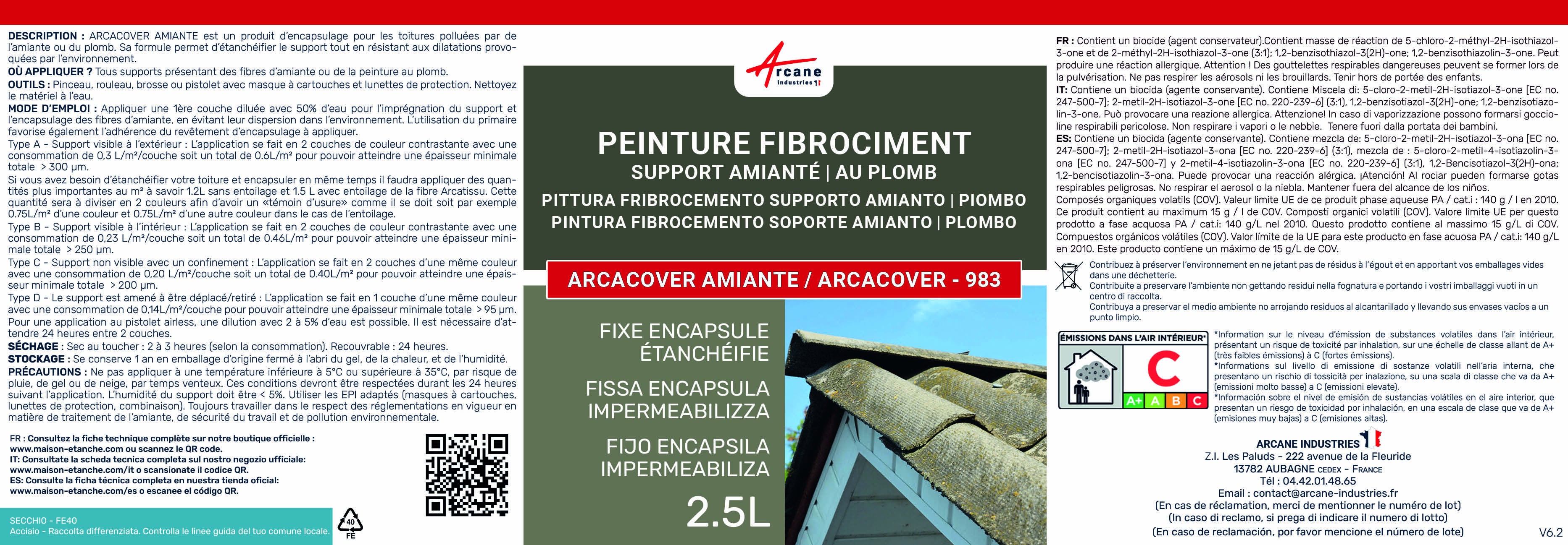 Peinture fibro ciment pour encapsulage support amiante / plomb : ARCACOVER AMIANTE. Blanc - 2.5 L - ARCANE INDUSTRIES - 7