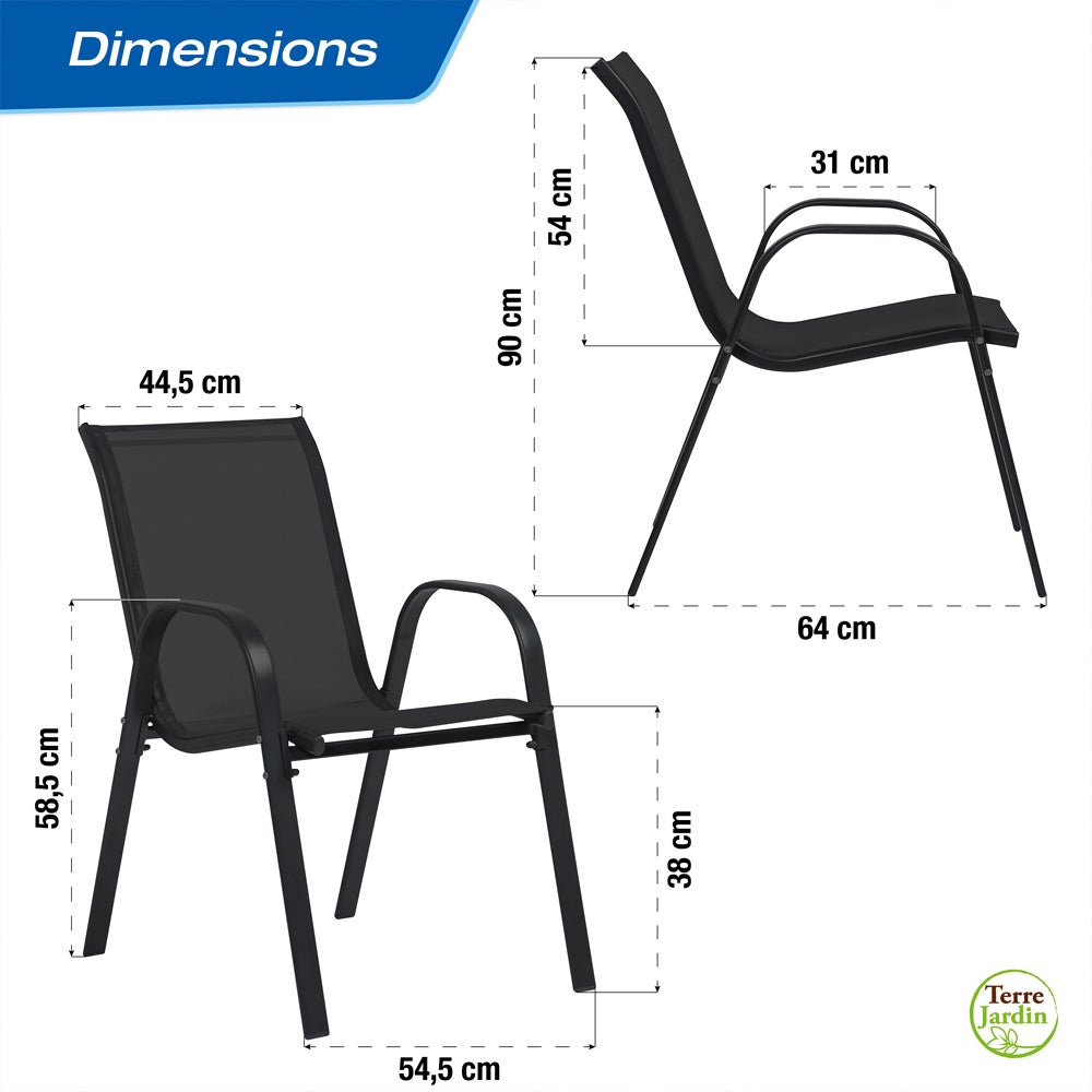 Chaises de jardin empilables textilène x6 Unité Noir - 5