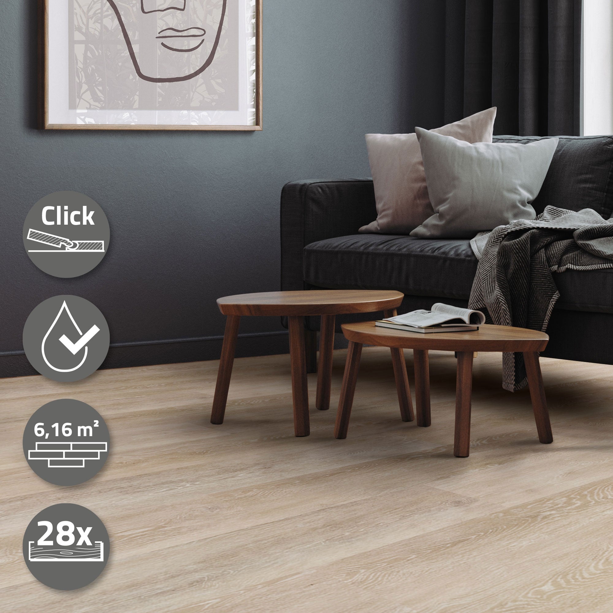 Revêtement de sol clipsable en vinyle 122cm x 18cm x 4,2mm 6,16m²/28 planches chêne marron afterglow imitation parquet pvc étanche classe charge 34 - 4