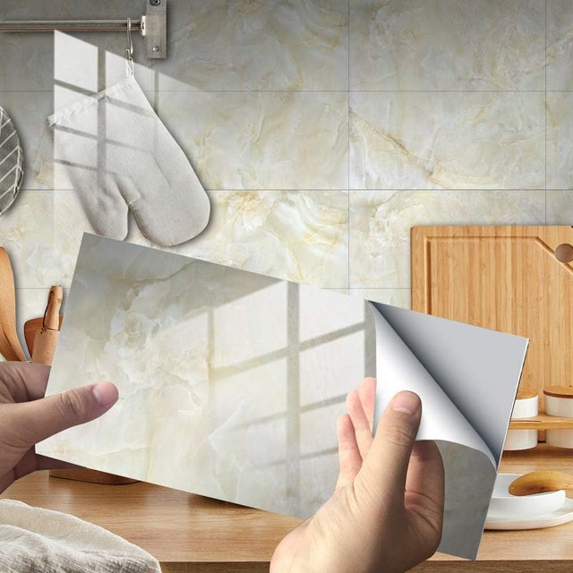 Adesivos decorativos retangulares bege, 30x15cm, conjunto de 4 peças, para banheiro e cozinha, com estampa de mármore 3D em mosaico à prova d'água.