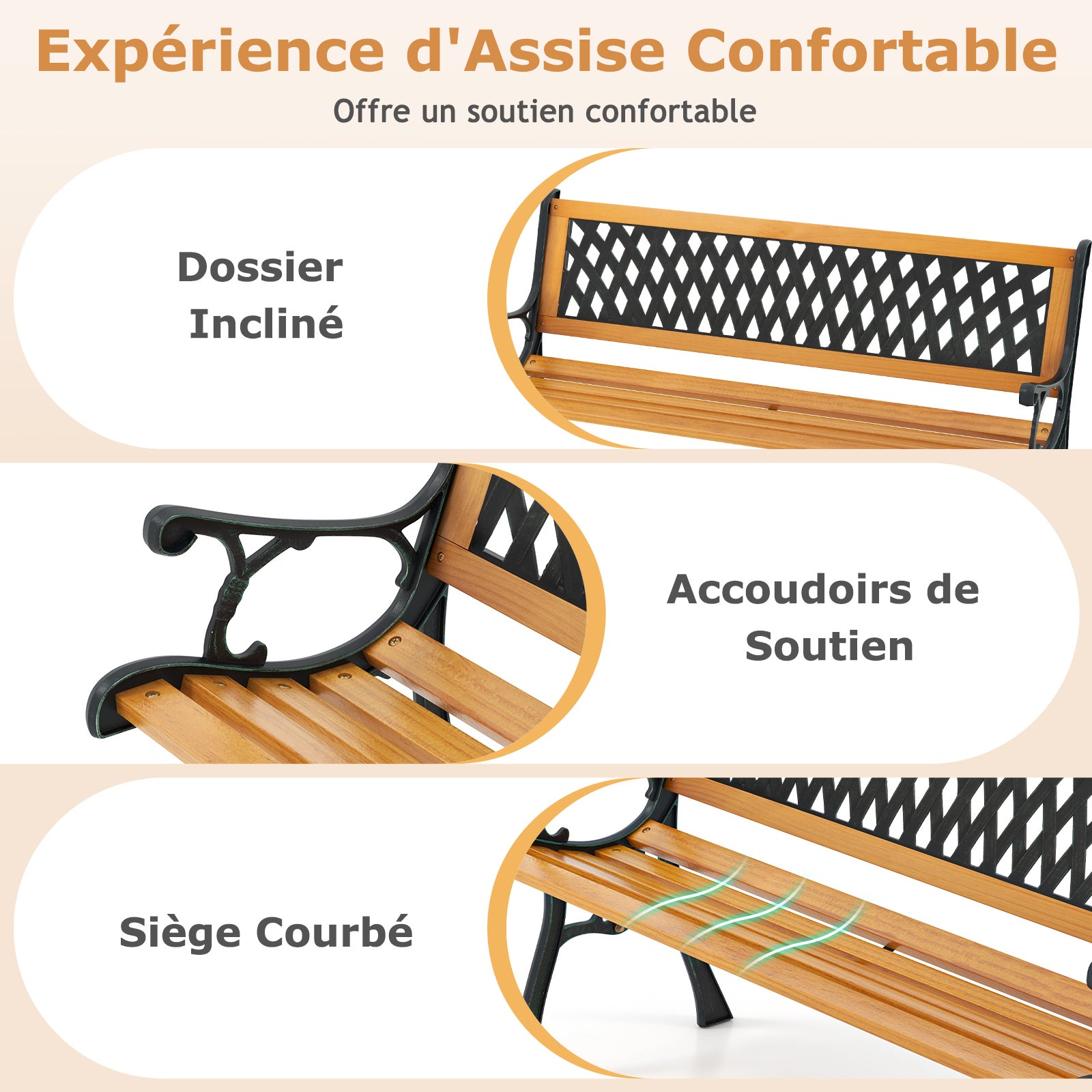 Banc de Jardin d'Extérieur, Banc de Parc pour 3 Personnes, Cadre en Métal Moulé, Siège en Bois de Pin, Accoudoirs, Banc à Lattes, pour Jardin, Parc - 4