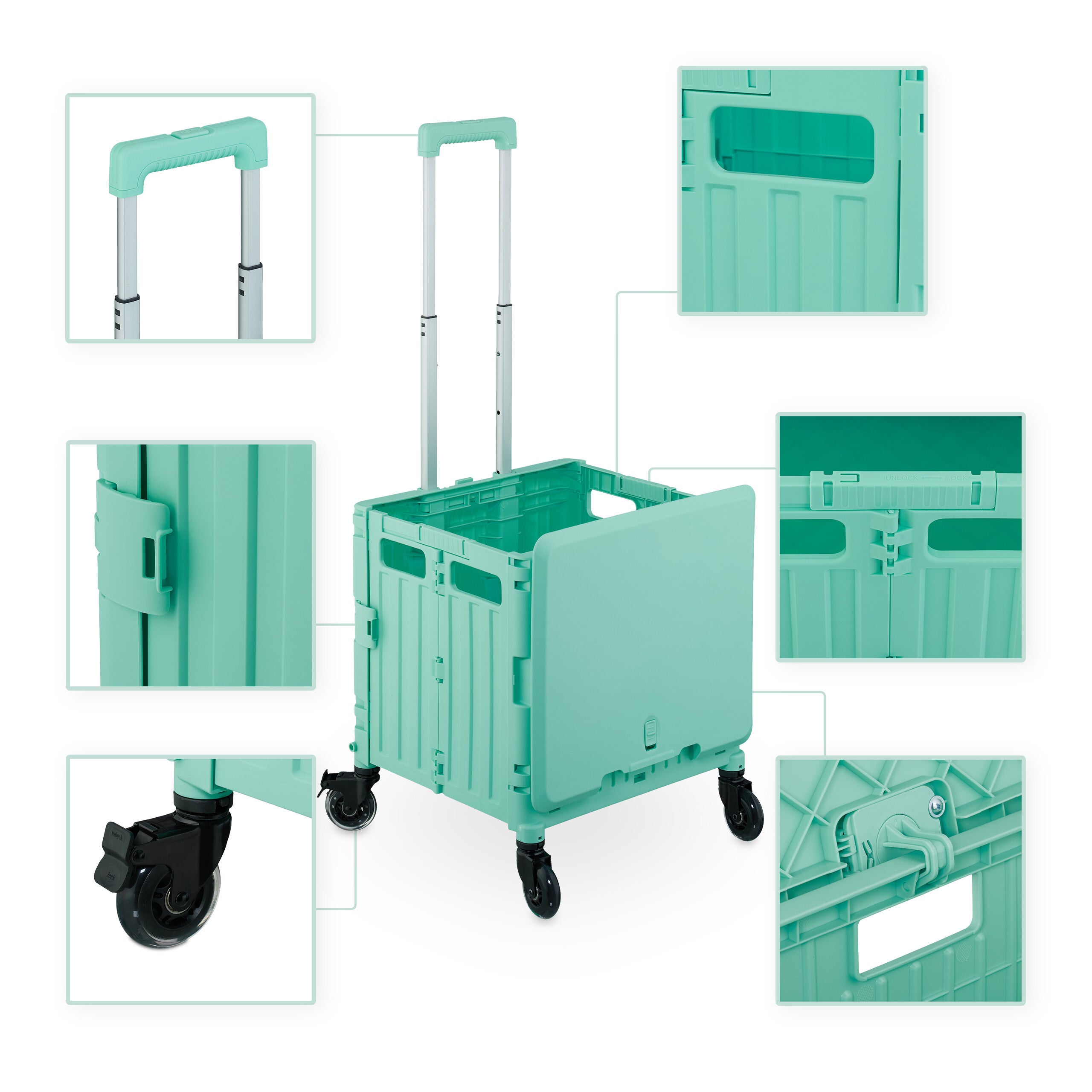 Relaxdays Chariot de courses avec couvercle, caisse pliable à roulettes, poignée inclinable, 35 kg, turquoise - 3