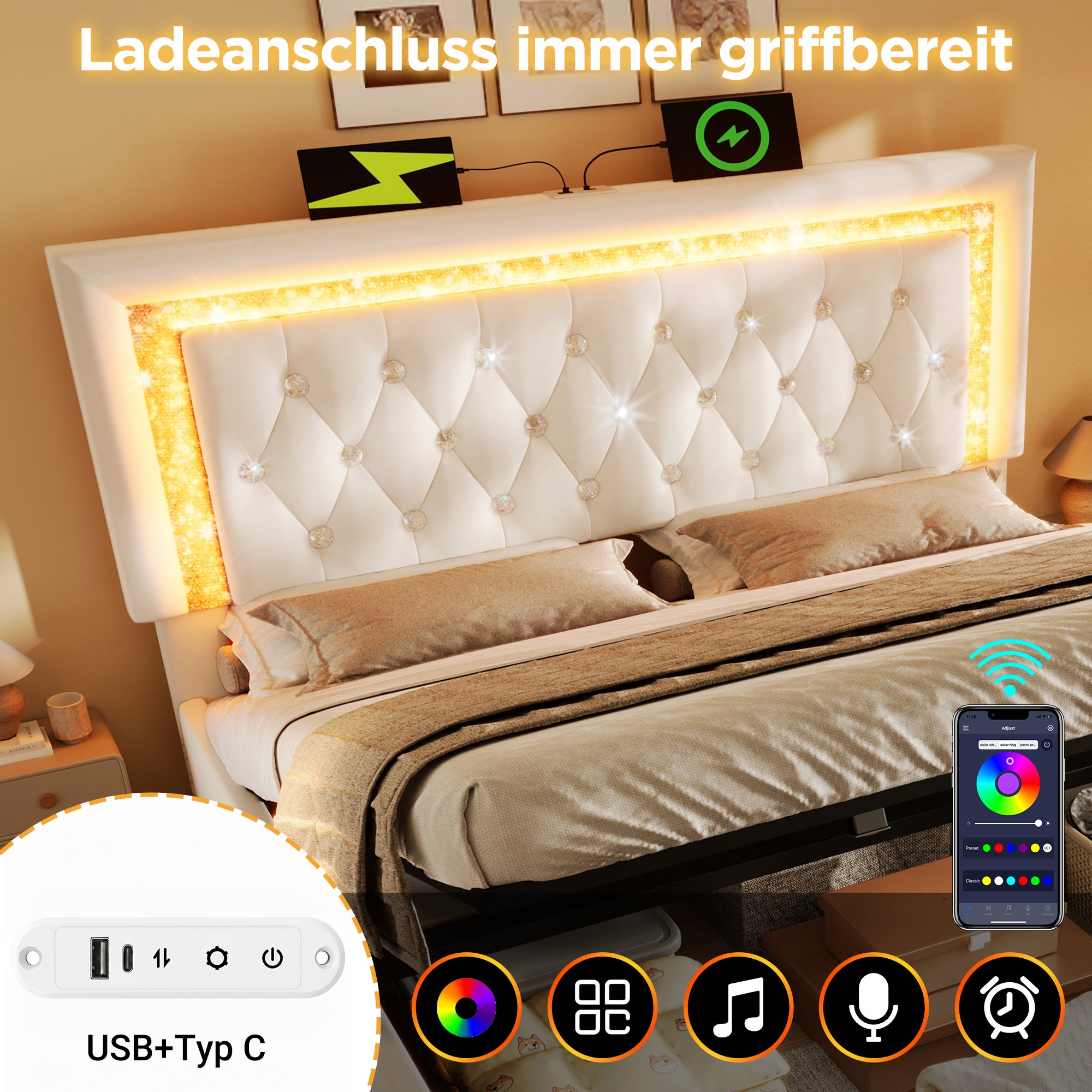 Łóżko z pojemnikiem na pościel 180 x 200 cm i zagłówkiem - Tkanina aksamitna - Diody LED - Porty USB i typu C - Beżowe (Materac nie jest dołączony) - 5
