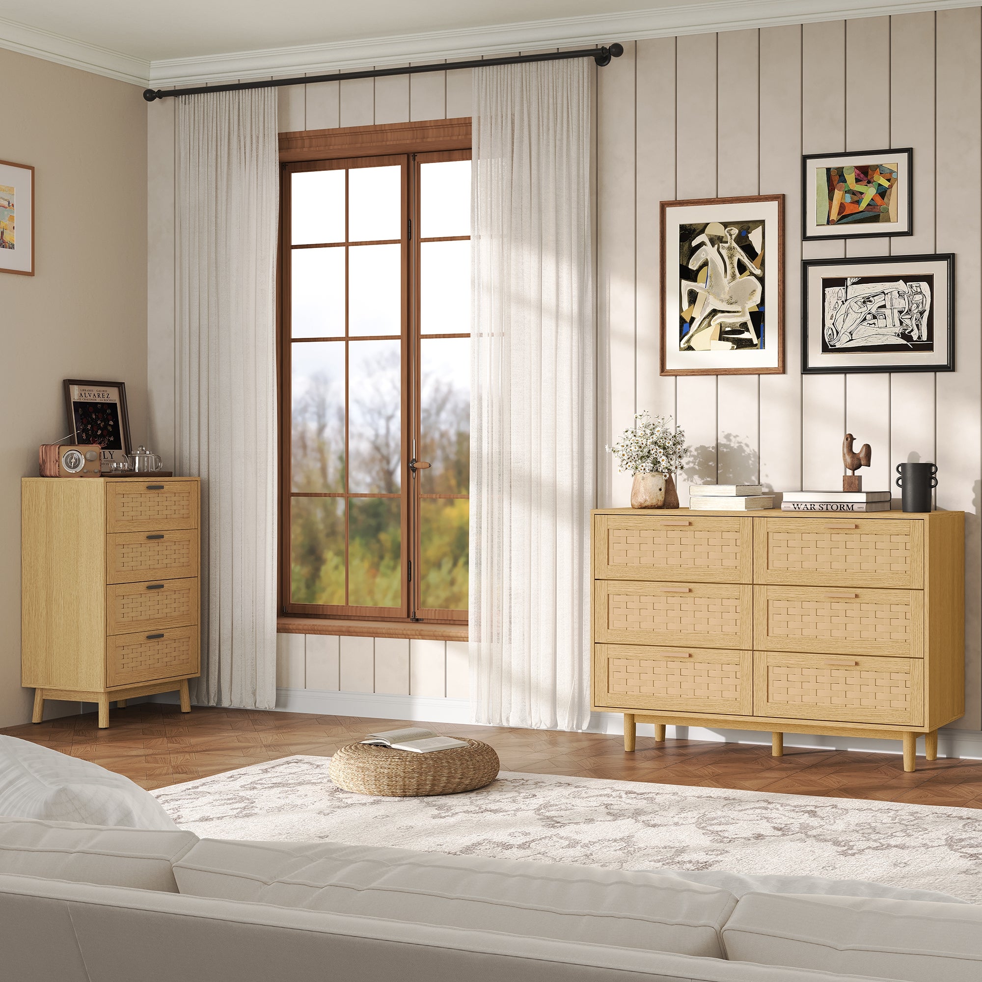 Commode 6 Tiroirs Bois, Armoire à Tiroirs Commode Chambre Adulte en PVC Rotin, Meuble de Rangement pour Salon et Entrée Couloir, Brun(115x80x40 cm) - 10
