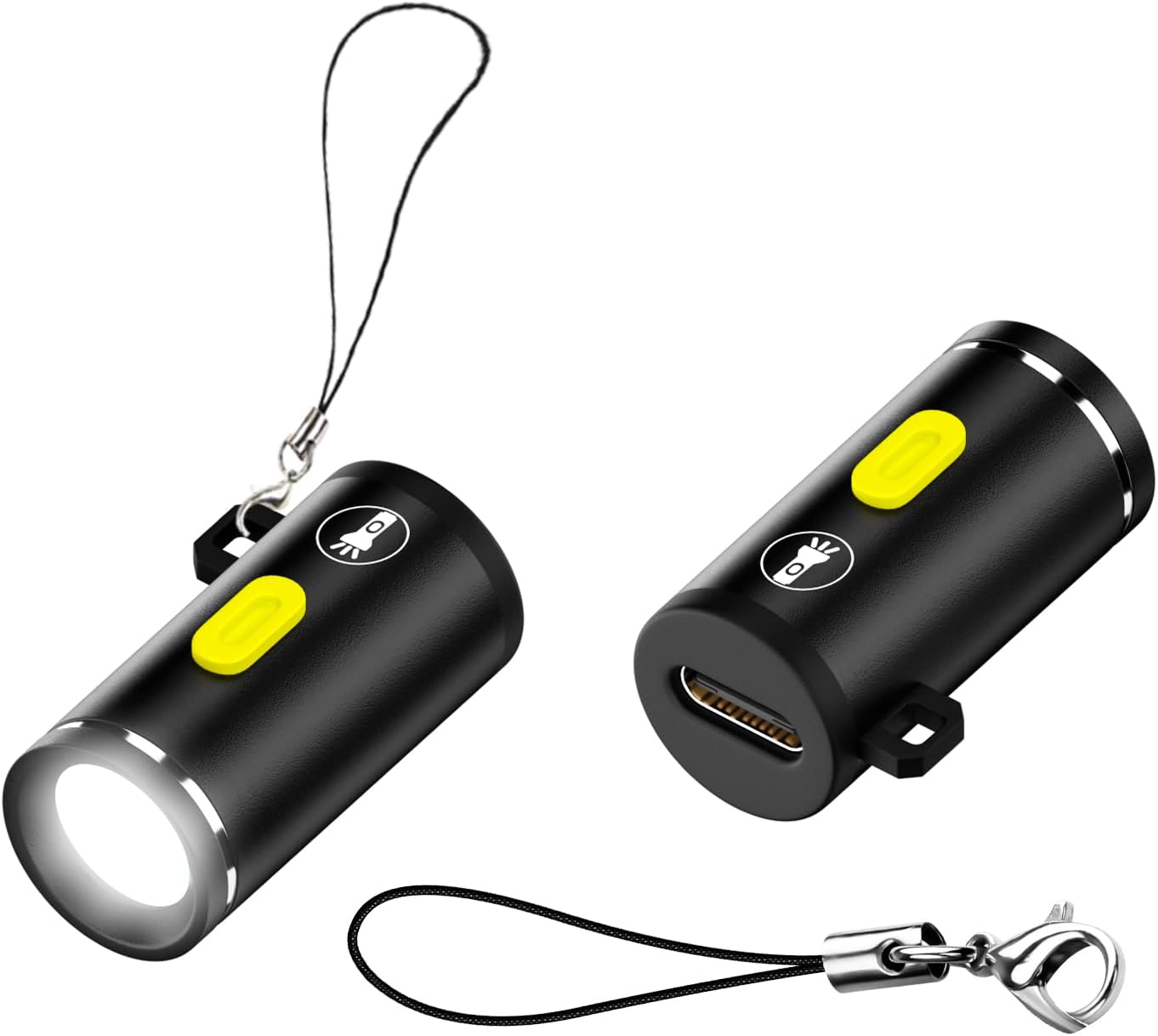 Zestaw 2 mini latarek USB C bez baterii - 5 V 1 W - Stop aluminium - Obudowa ze smyczą na klucze - Do biwakowania na zewnątrz