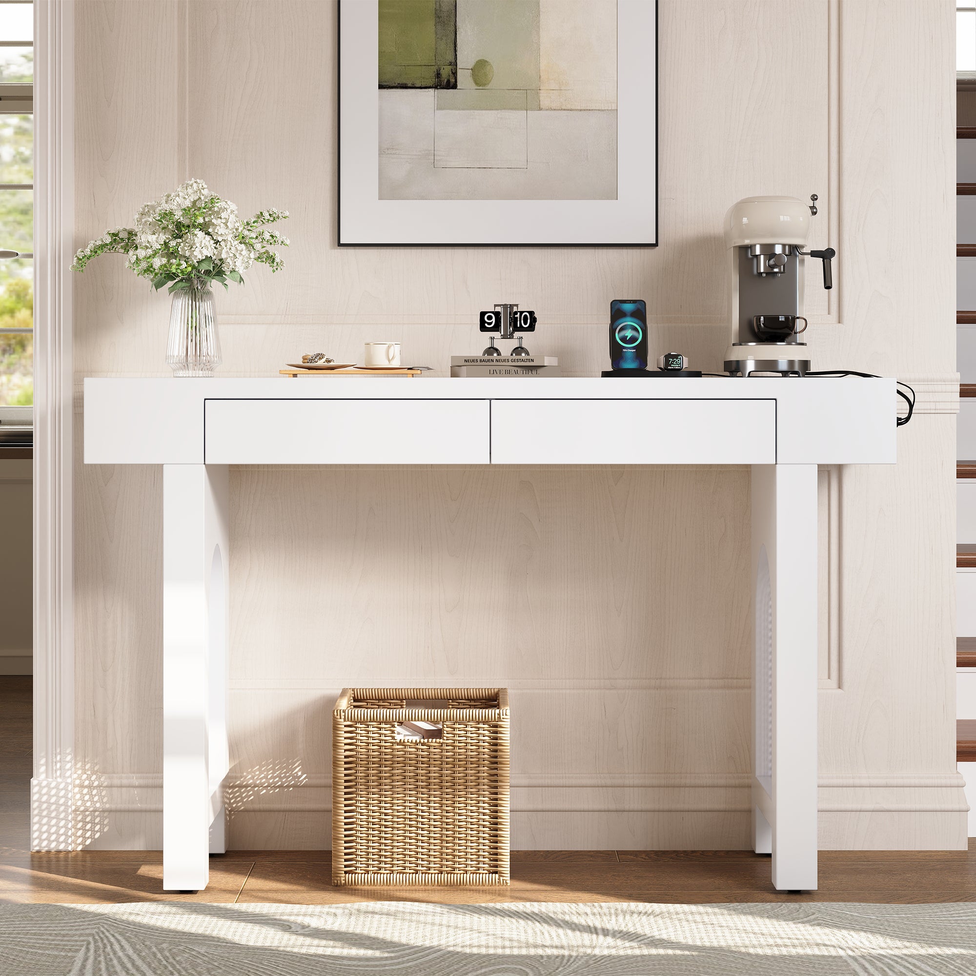 Konsola z 2 szufladami i gniazdkami elektrycznymi - 120 x 35,5 x 76,5 cm - MDF - do przedpokoju lub salonu - biała