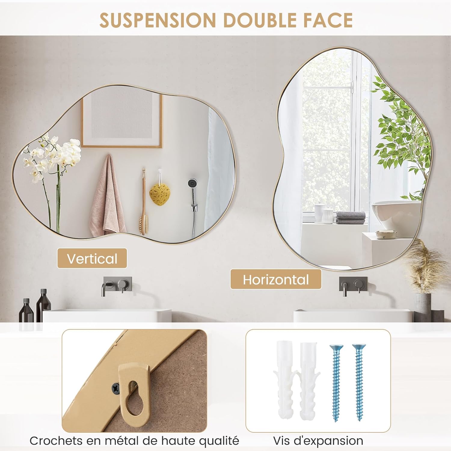 Miroir Mural Décoratif 78 x 56cm, Miroir en Forme Irrégulière avec Réflexion HD Claire, Cadre Métallique, Or - 3