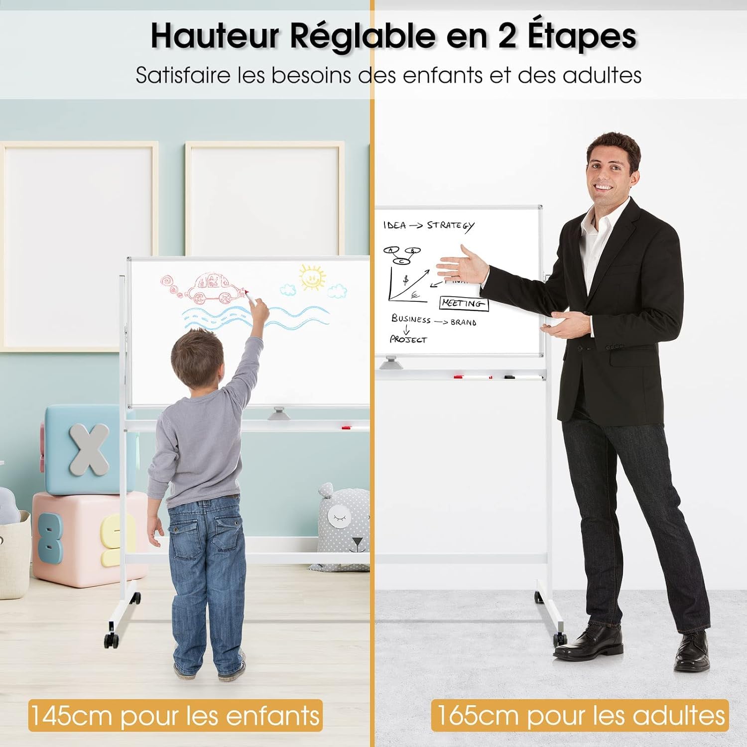 Tableau Blanc Double Face Rotatif à 360°, Tableau Blanc Effaçable à pied, Hauteur Réglable, 4 Roues Universelles avec Freins, Aimant, Marqueur, Gomme - 3