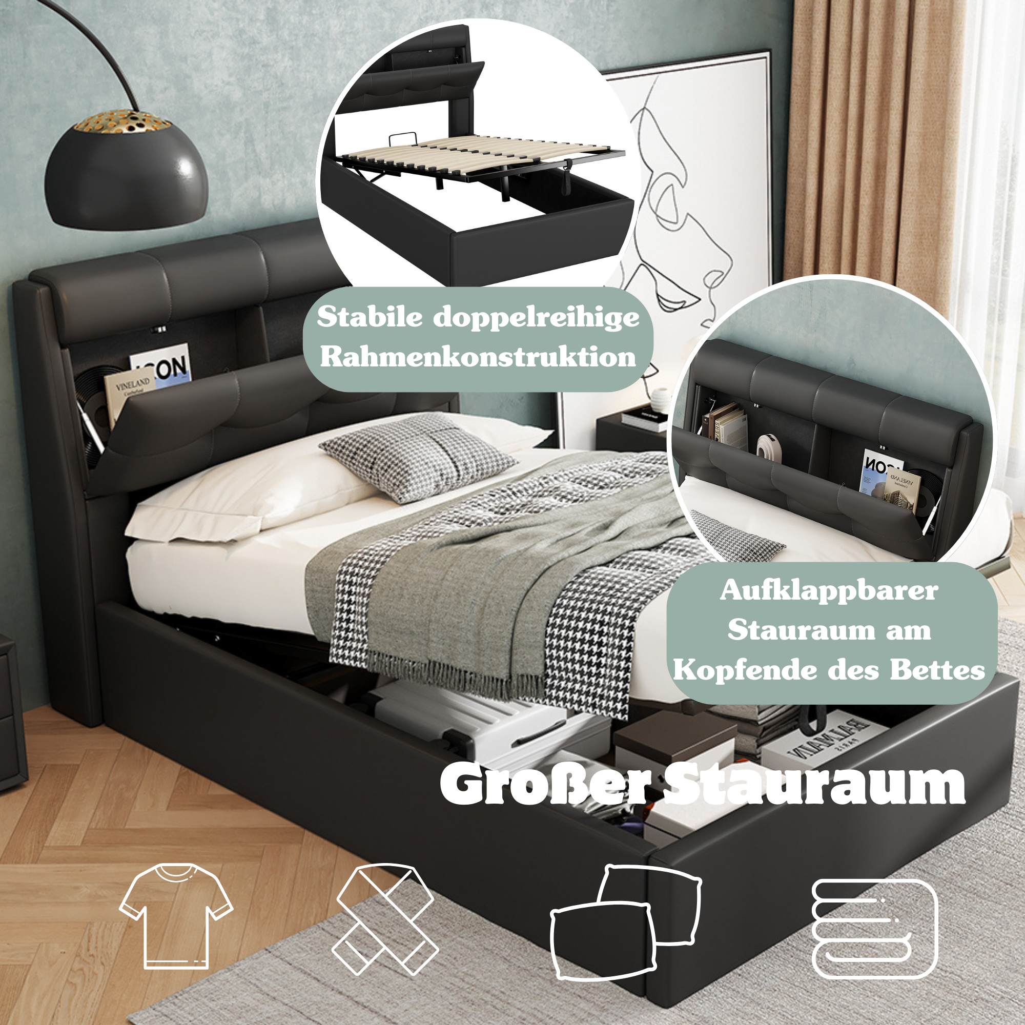 Lit coffre 90 x 200 cm avec tête de lit rangement - LEDs - Cuir PU - Noir (sans matelas) - 4