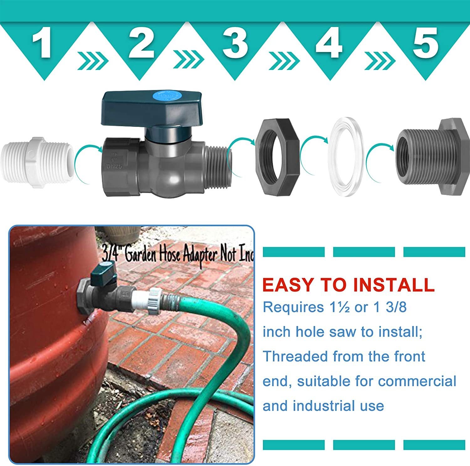 Robinet de baril d'eau en PVC avec adaptateur de robinet de tuyau à montage sur cloison et ruban d'étanchéité pour réservoirs d'eau - 4