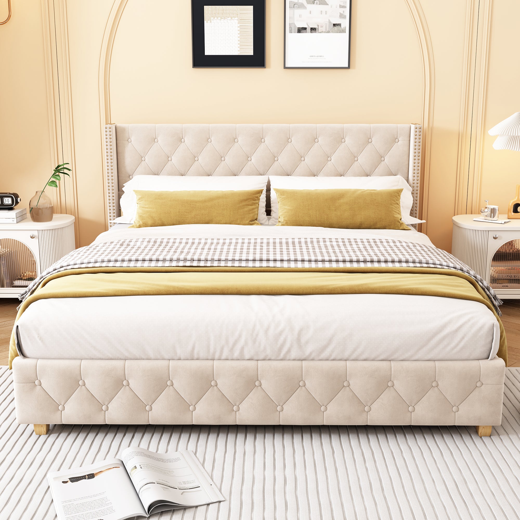 Cama para adultos 160 x 200 cm con cabecero - terciopelo - decoración con botones y remaches - beige claro - 3