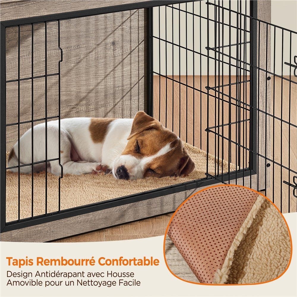 Cage pour Chien en Bois avec 2 Portes Grillagées à Double Serrure et Tapis Pelucheux, Gris Yaheetech - 9