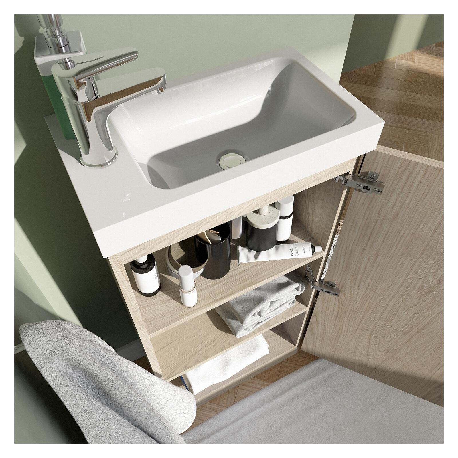 Meuble lave-mains sur pieds JOHANN décor chêne + vasque + robinet + miroir - 5
