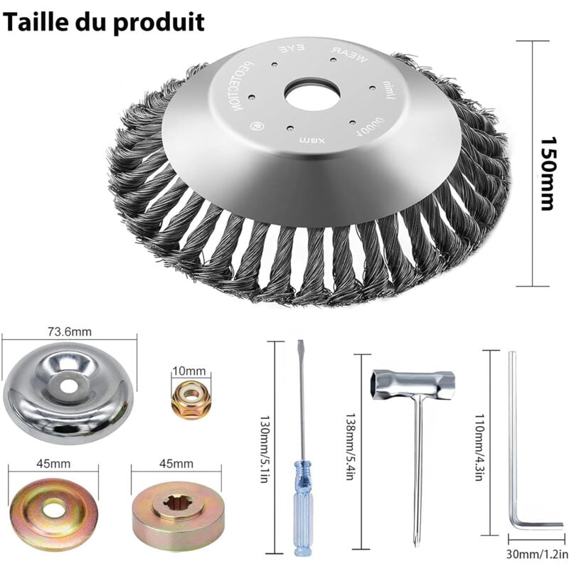 Tête de désherbage Fil d'acier,150 x 25,4 mm Brosse à Ronde, Brosse de Debroussailleuse Universelle,Tête Brosse Désherbage avec 7 Accessoires - 3