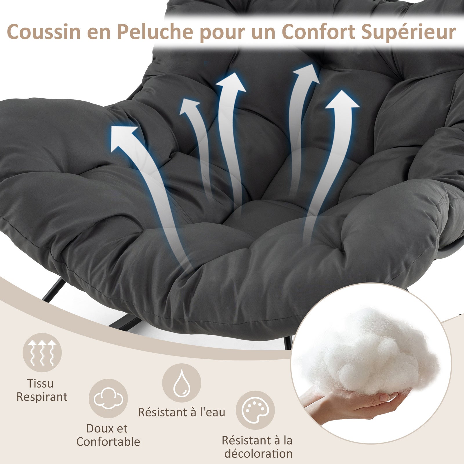 Fauteuil à Bascule Intérieur et Extérieur, Chaise Papasan Forme oeuf Surdimensionnée avec Coussin Rembourré, Charge 205KG, Noir Anthracite - 4
