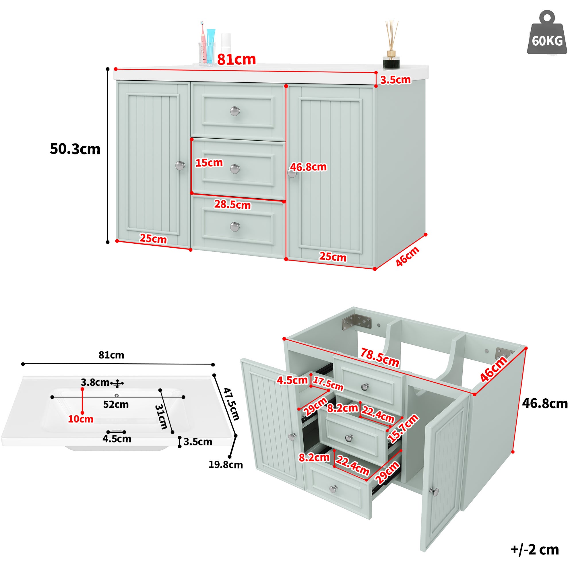Meuble sous-vasque, meuble de salle de bain, meuble vasque avec 3 tiroirs, grand espace de rangement, meuble vasque mural, vert, 78,5 × 46 × 46,8 cm - 4
