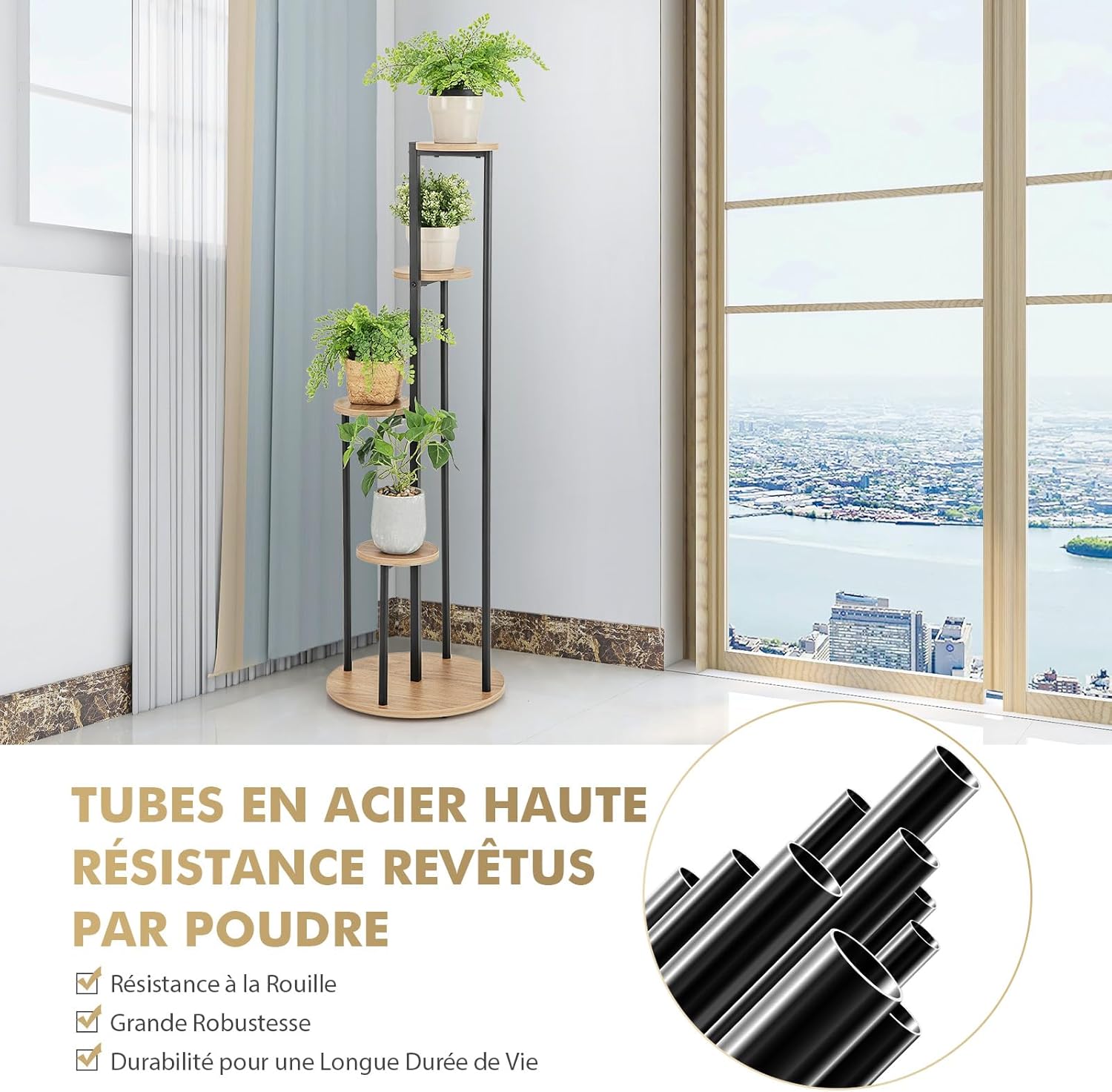 Support pour Plantes à 5 Niveaux, Étagère d'Angle pour Plusieurs Plantes avec Texture Marbre, Support de Pots de Fleurs et Présentoir (Naturel) - 5