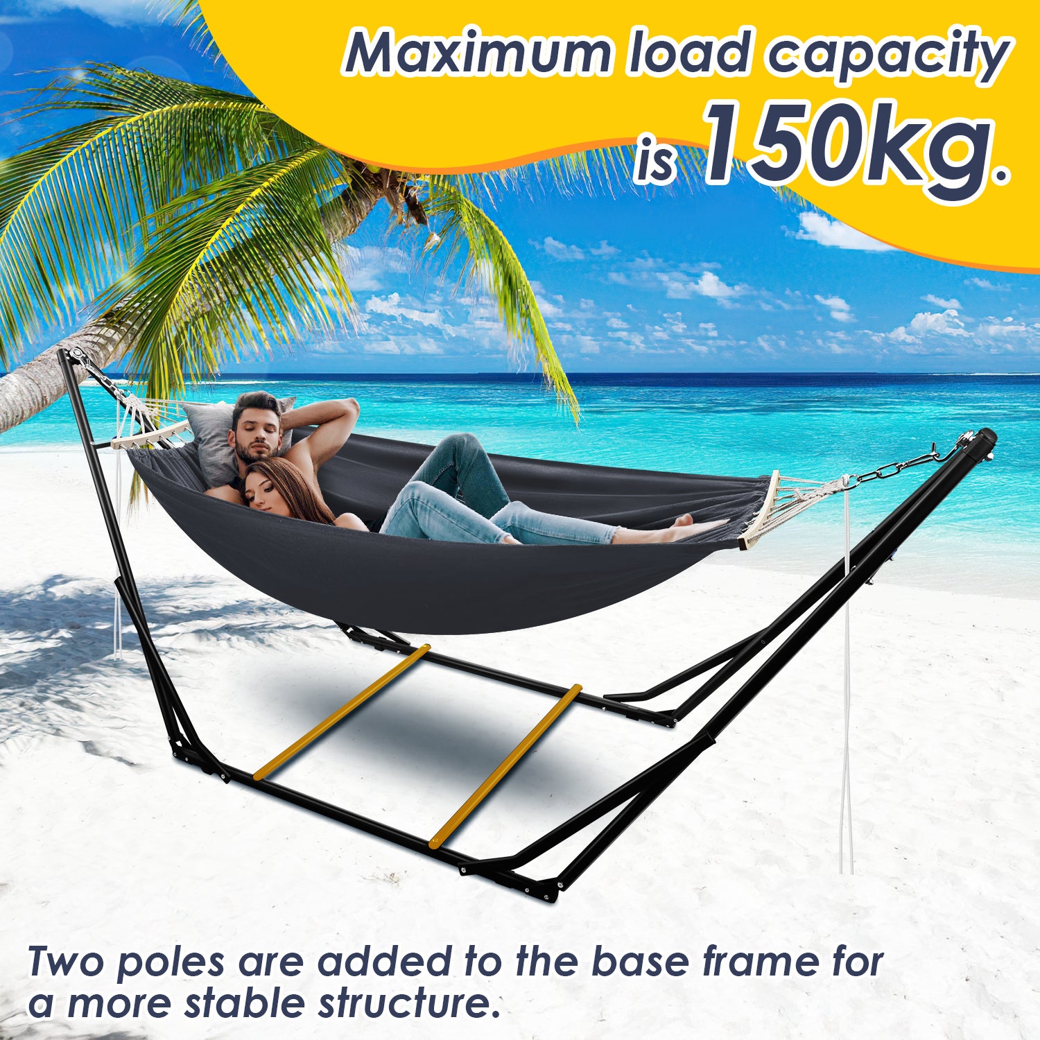 Hamac avec armature, hamac d'extérieur, poteau de hamac, chaise suspendue, gris foncé, jusqu'à 150 kg, support de hamac et toile - 4