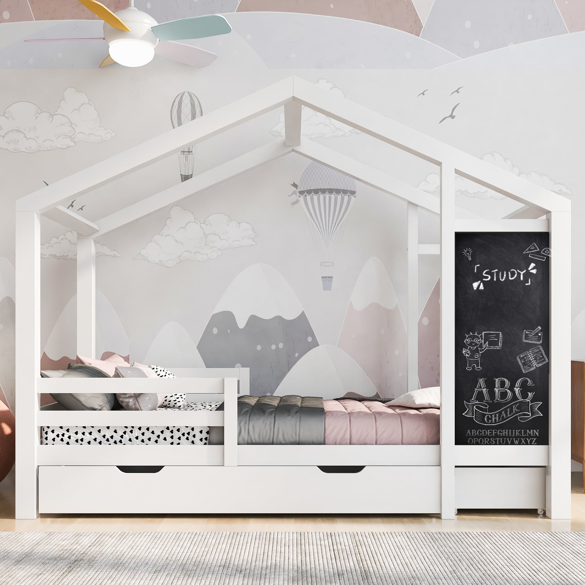 Łóżko kabinowe 90x200cm - lite drewno - z tablicą i 2 szufladami - Biały