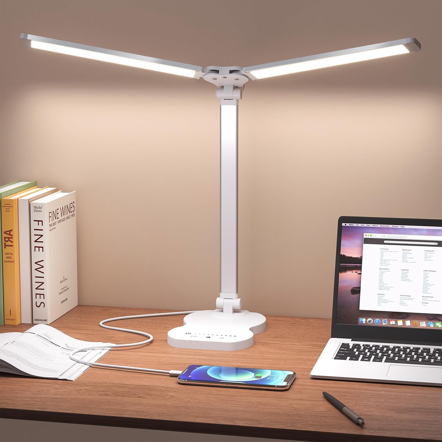Lampe de bureau LED, lampe de bureau à double bras avec 5 couleurs et 10 niveaux de luminosité, lampe de lecture avec minuterie, lampe de table - 2