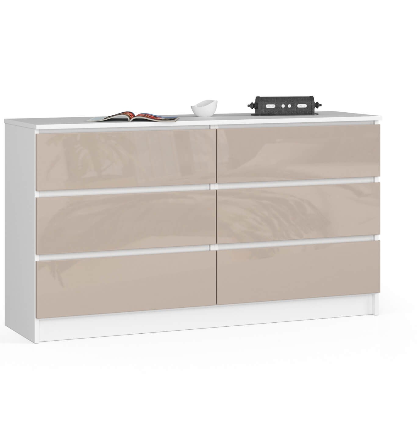 Komoda: 6 szuflad, biała | cappuccino sparkle, 138 x 77 x 40 cm