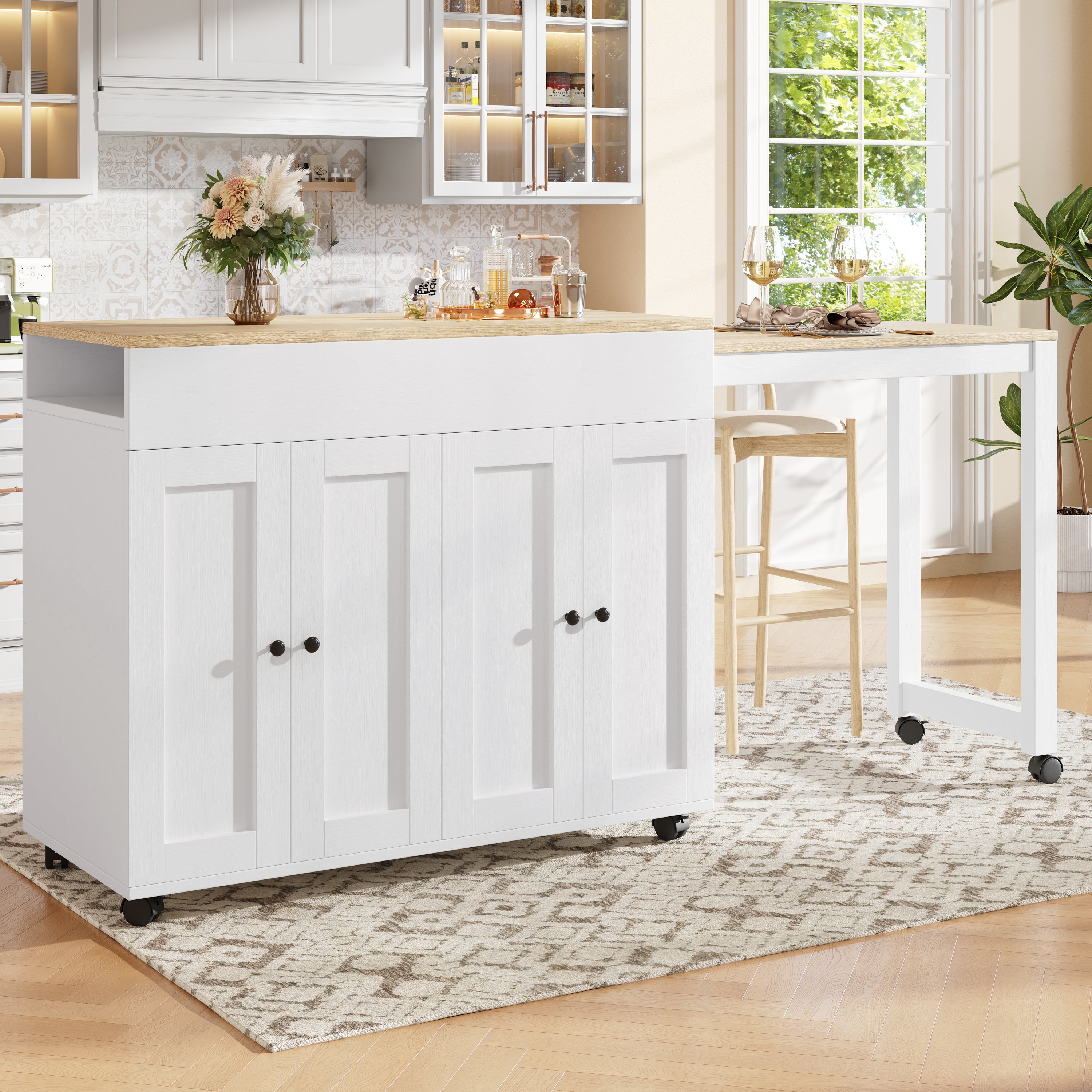 Ilot central de cuisine - avec plateau extensible - en MDF - avec 4 portes - Blanc - 3