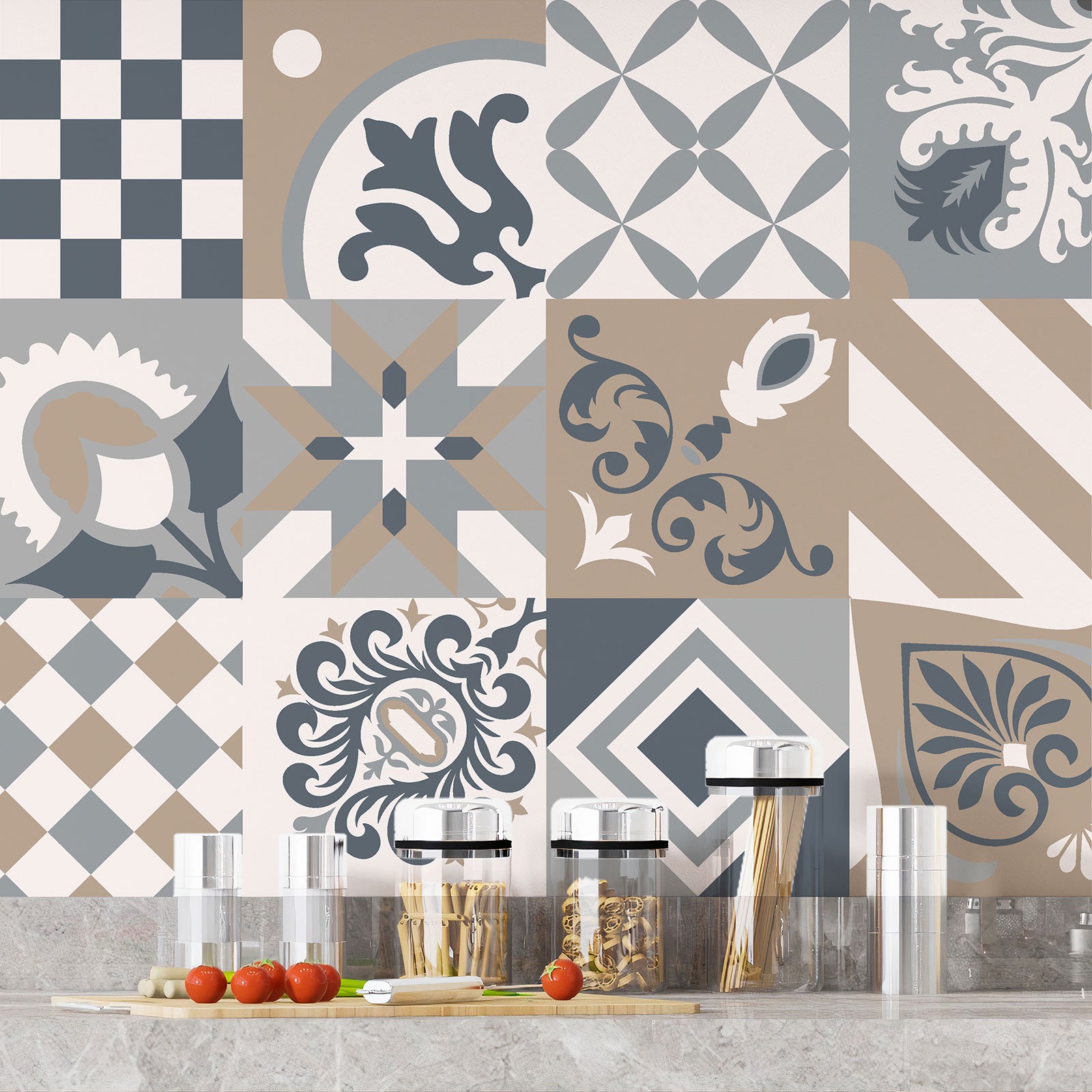Crédence adhésive sticker décoratif pour cuisine - Effet carreaux de ciment - Adhésif BRILLANT - 60x120 cm - 4