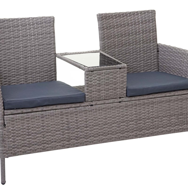 Ławka z polyratanu ze stolikiem HWC-E24, zestaw ogrodowy, sofa ogrodowa, 132 cm ~ szary, poduszki ciemnoszare