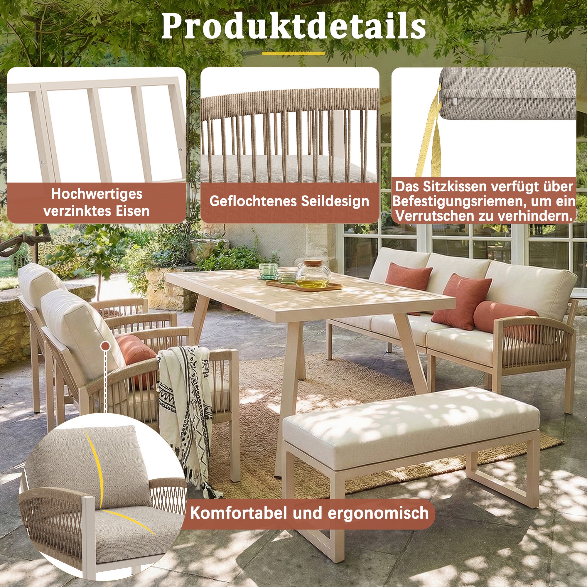 Sofá de jardín 7 plazas,Estructura de hierro resistente con cojines beige, Incluye mesa de cristal aspecto madera y 2 sillones, Conjunto para terraza - 6
