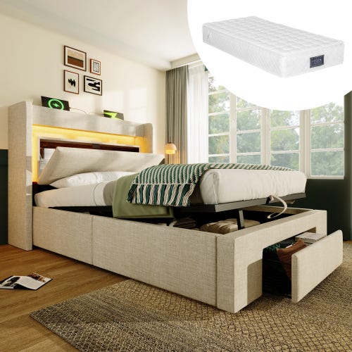 Lit coffre 90x200 cm avec rangement hydraulique, LED, USB/USB-C, tête de lit avec rangements, beige, matelas inclus | Leroy Merlin Lit coffre 90x200 cm avec rangement hydraulique, LED, USB/USB-C, tête de lit avec rangements, beige, matelas inclus | Leroy Merlin