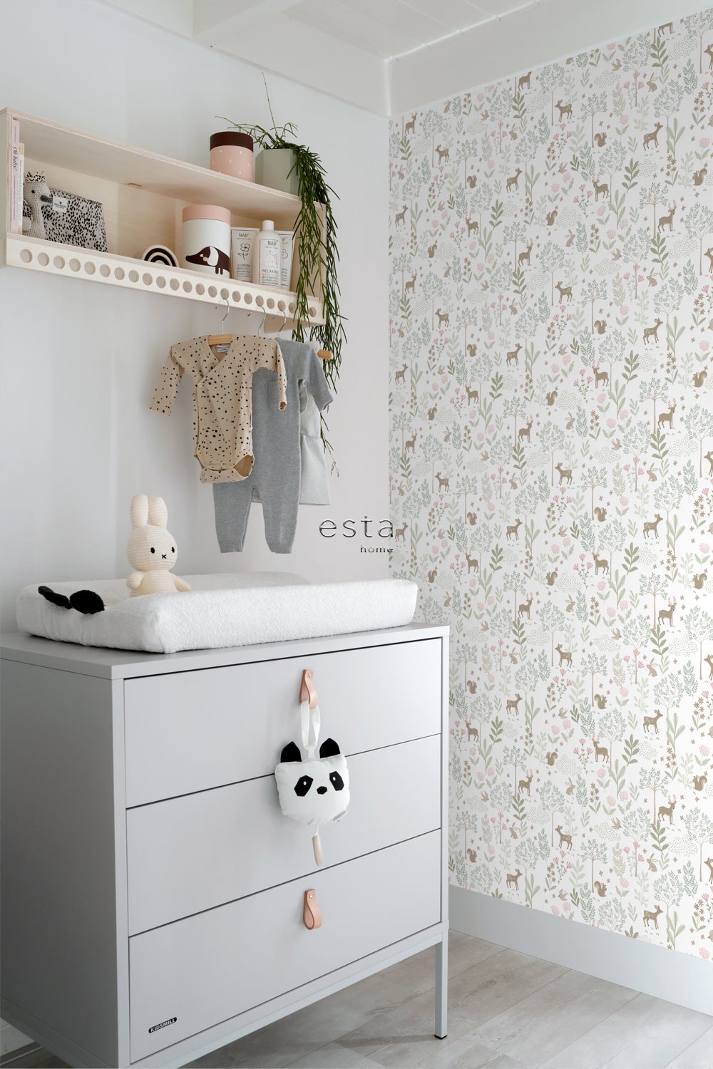 Papier peint forêt avec des animaux de la forêt vert et rose - 53 cm x 10.05 m - ESTAhome - 3