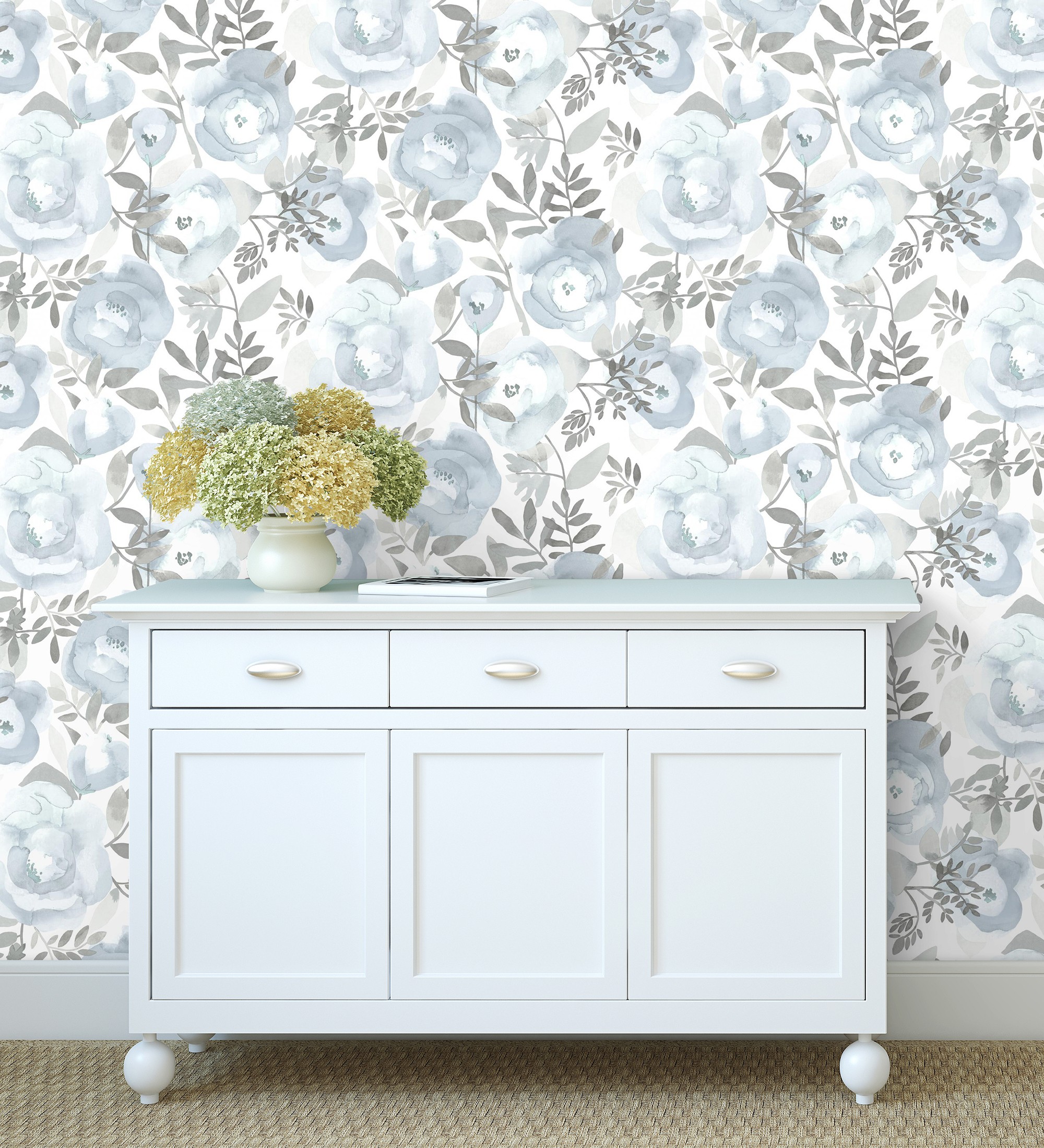 Papel pintado vinílico ecológico de flores celeste pintadas a acuarela - camellias garden 680628 de gaulan - rollo de 10 m x 0,53 m