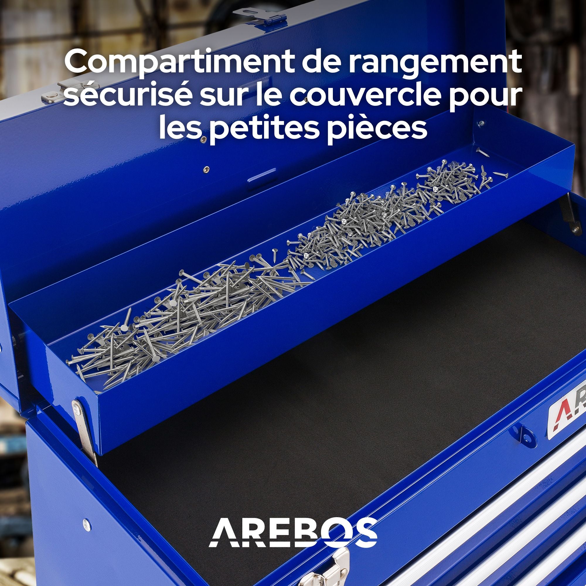 AREBOS Boîte à outils avec 3 tiroirs et 2 compartiments de rangement Bleu Poignée de transport et fermetures à pression Coffret à Outils Tapis - 6