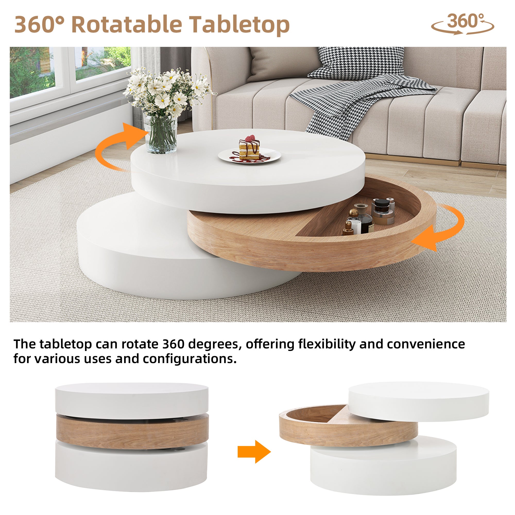 Table basse ronde pivotante 60 x 60 x 35,1 cm avec plateau rotatif 360°, rangement intégré, 3 niveaux, blanc et bois naturel - 6